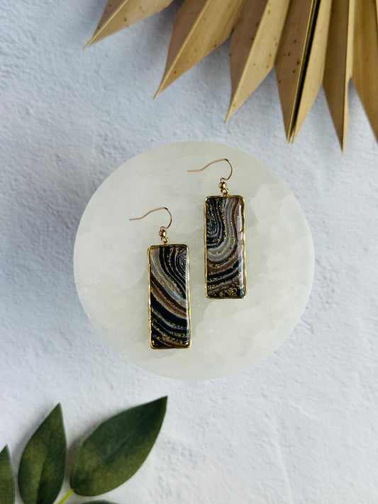 Black Agate Summer - Bezeled Rectangle Earrings