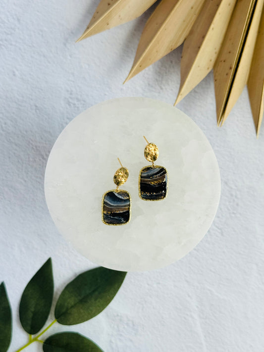 Black Agate Summer - Small Square Bezeled Earring