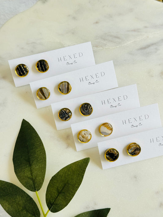Black Agate Summer - Gold Bezeled Round Studs