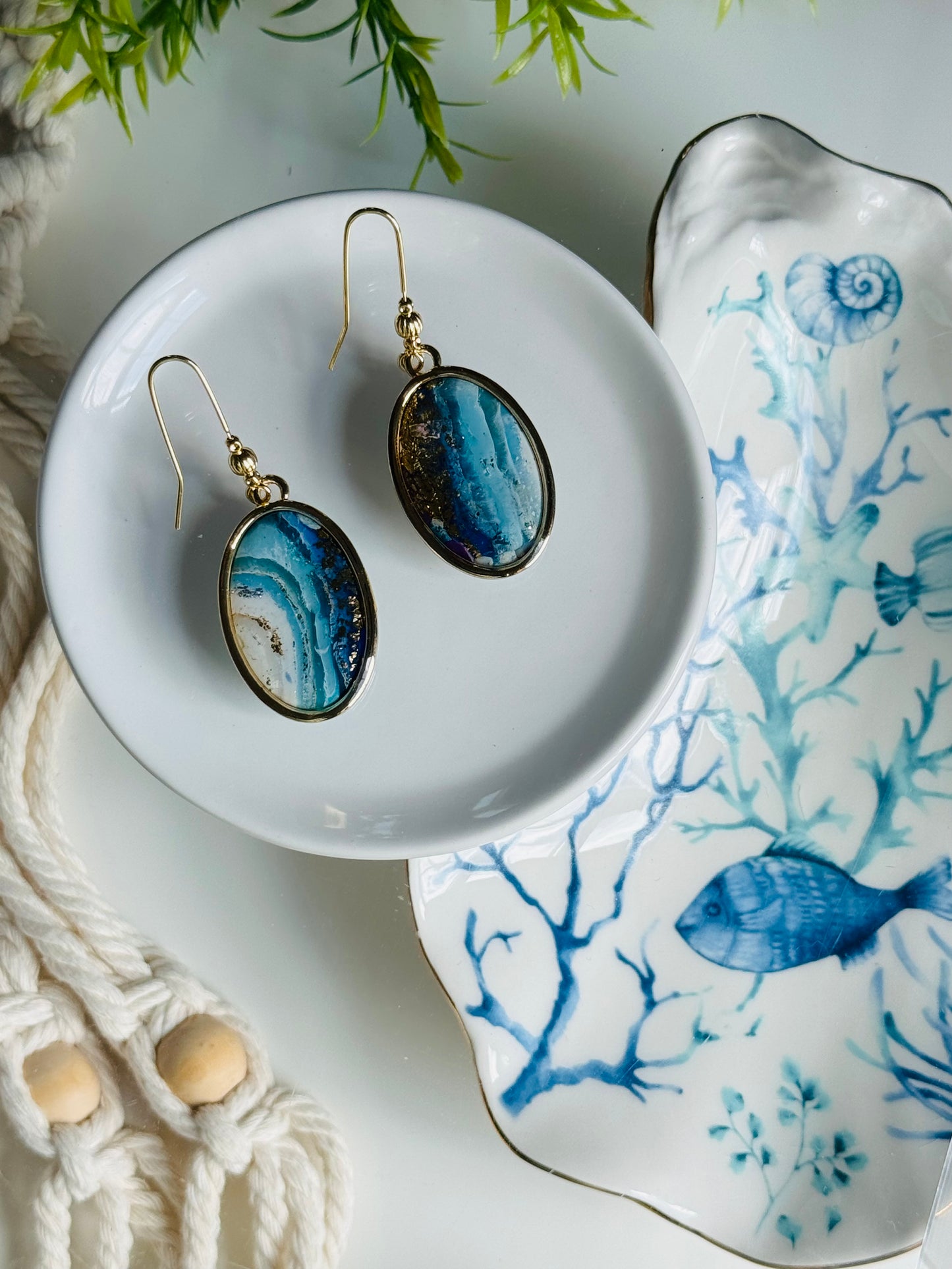 Water Agate - Gold Bezeled Oval Earring