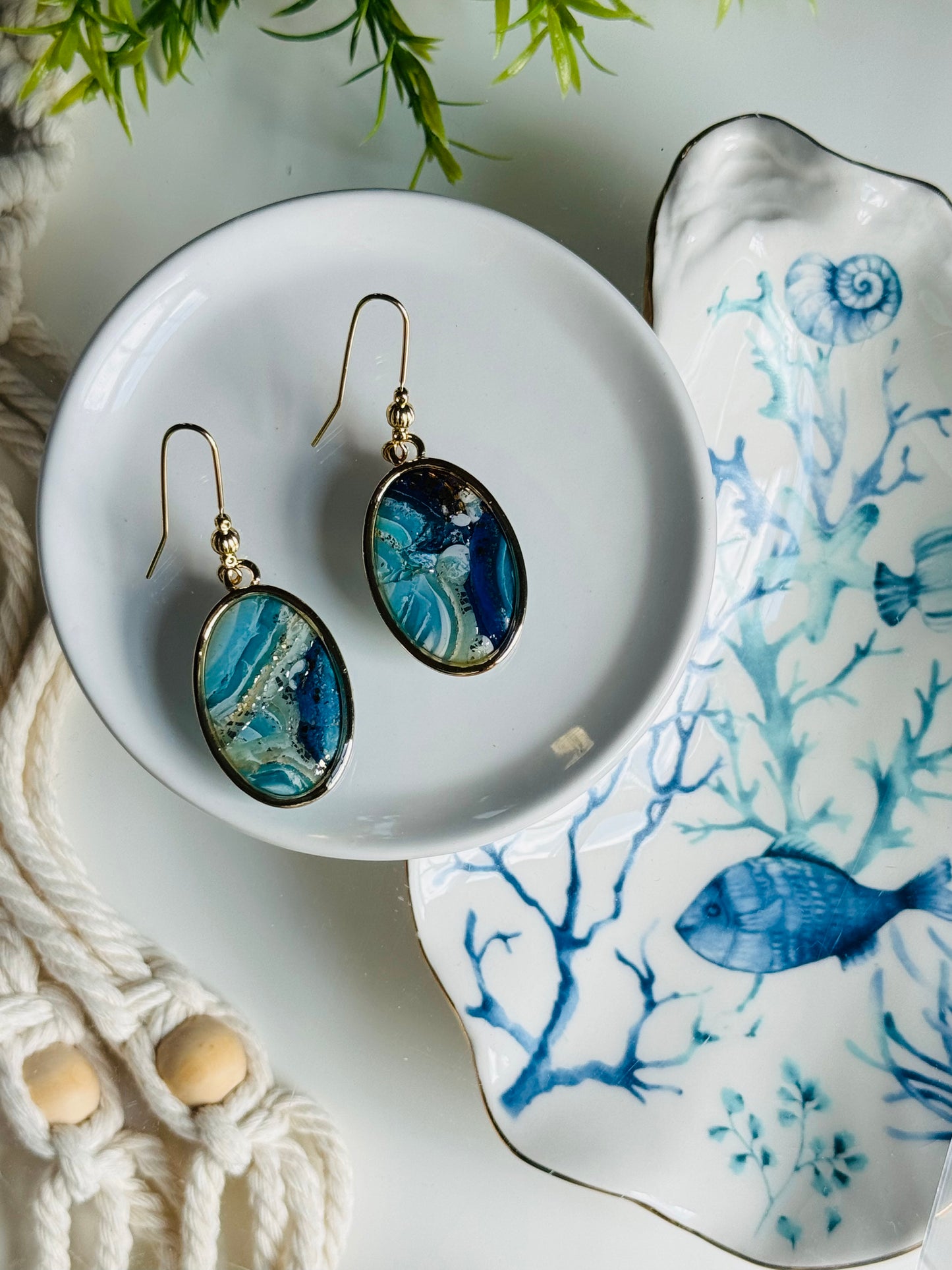 Water Agate - Gold Bezeled Oval Earring