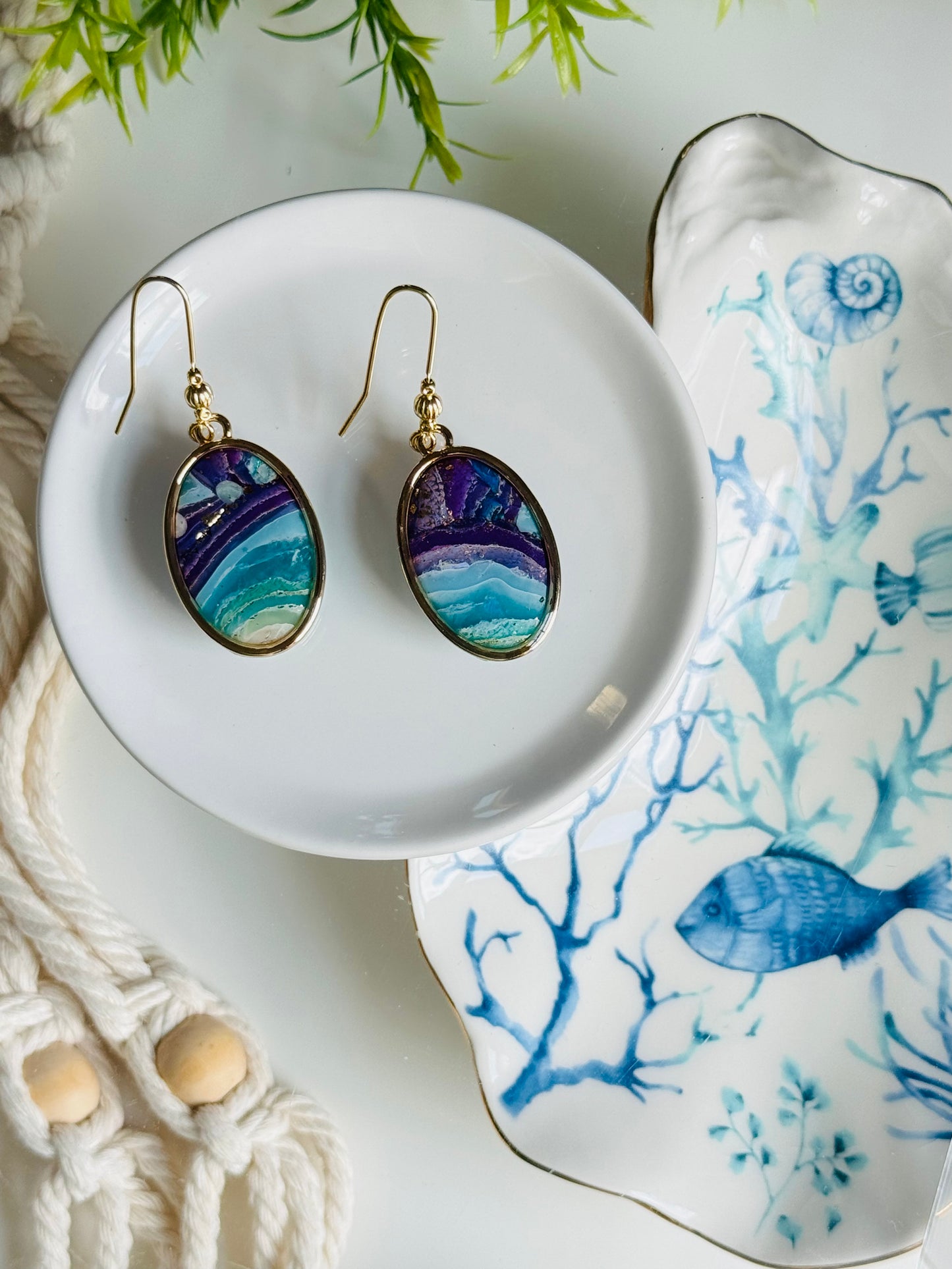 Water Agate - Gold Bezeled Oval Earring