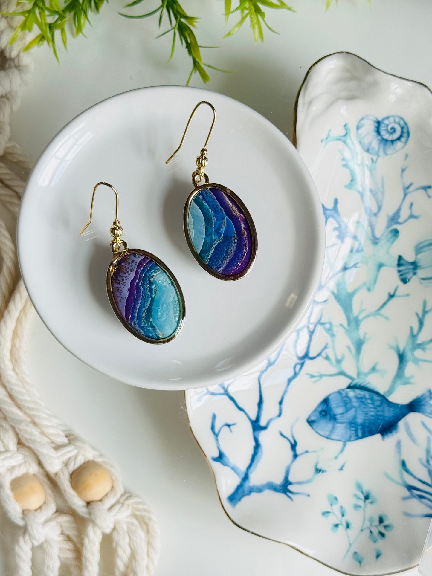 Water Agate - Gold Bezeled Oval Earring