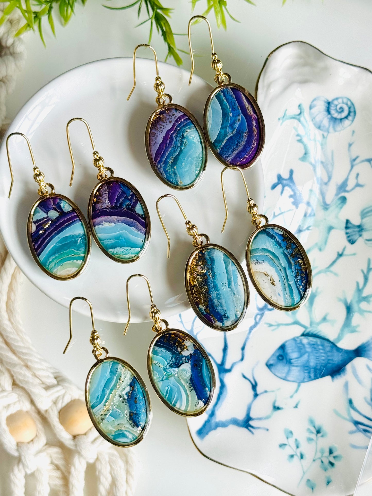 Water Agate - Gold Bezeled Oval Earring