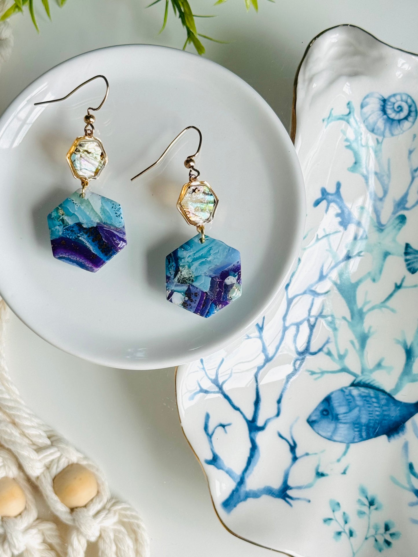 Water Agate - Abalone Hexagon Earring