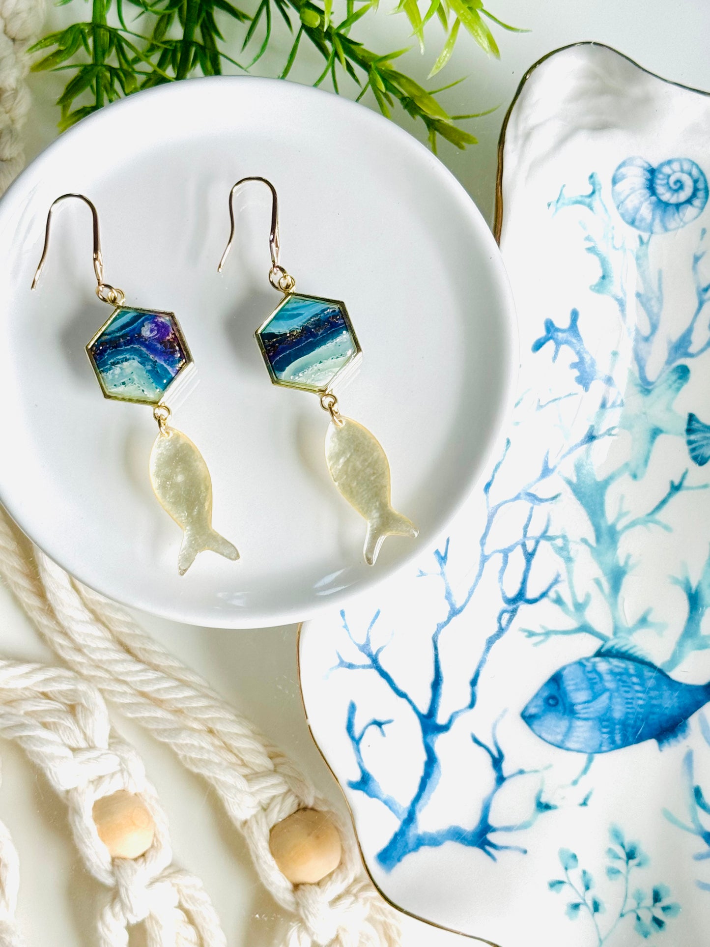 Water Agate - Hexagon & Fish Earring