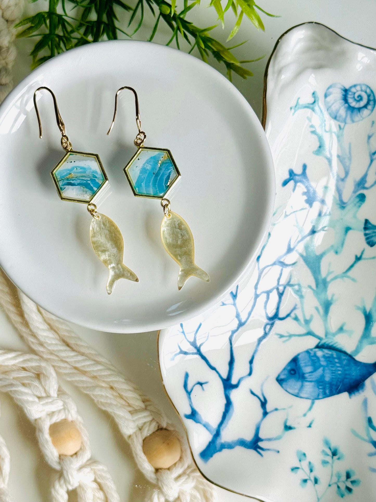 Water Agate - Hexagon & Fish Earring