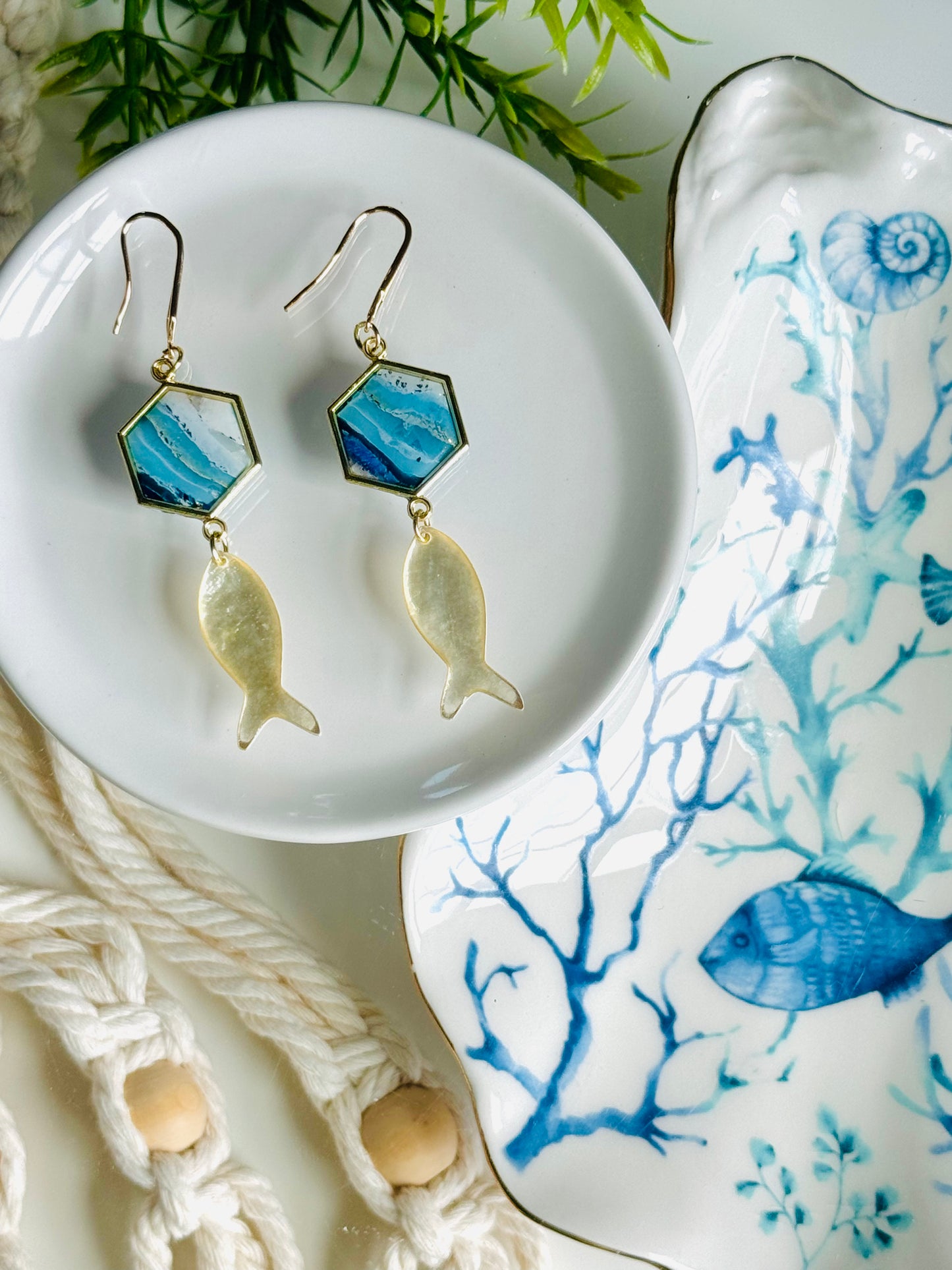 Water Agate - Hexagon & Fish Earring