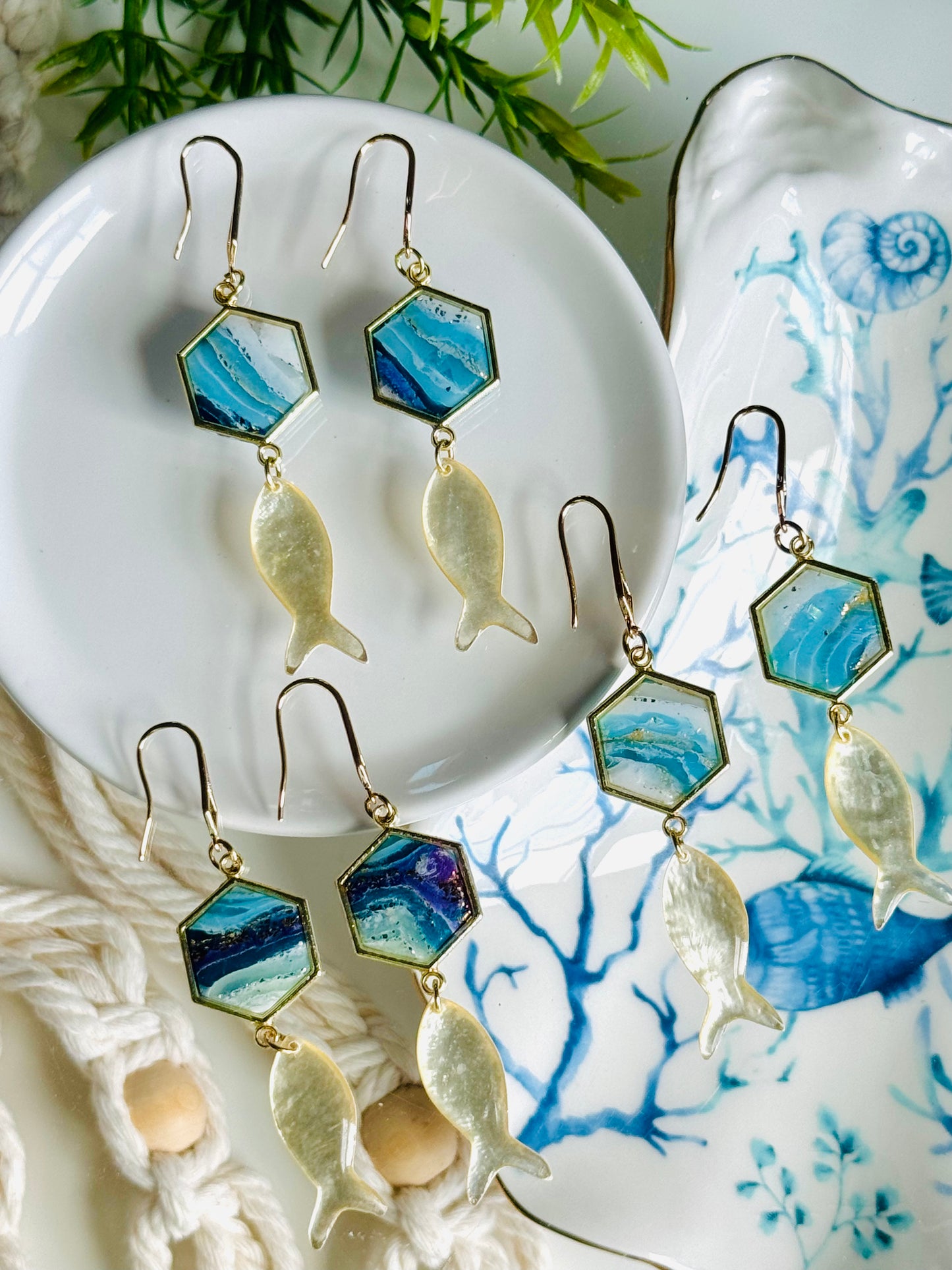 Water Agate - Hexagon & Fish Earring