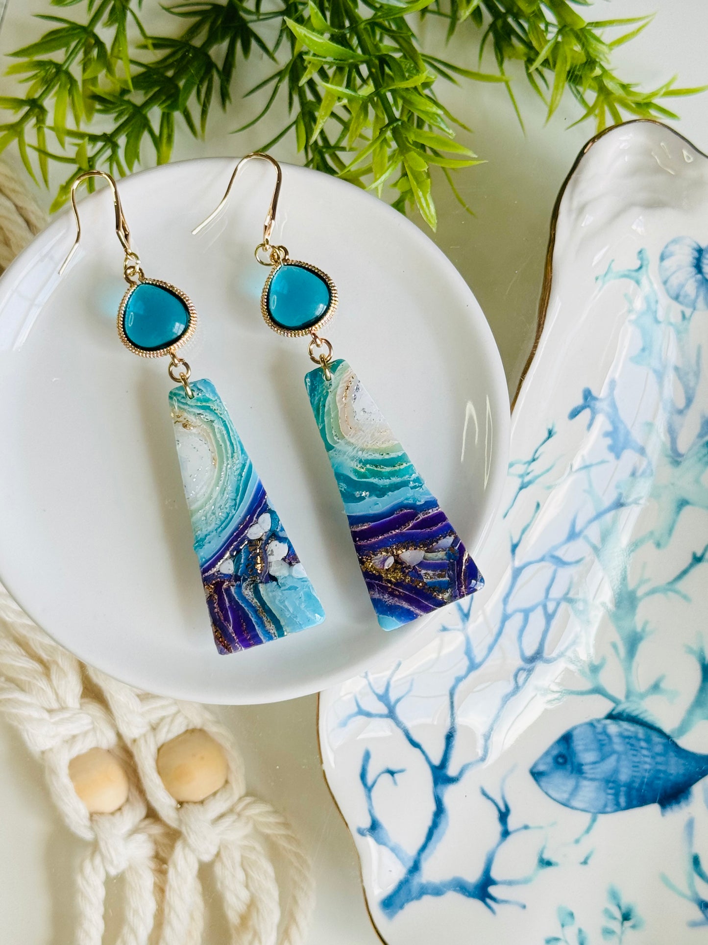 Water Agate - "Peyton" & Blue Glass Gem Earring