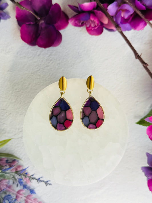 Purple "Stained Glass" - Teardrop Bezel Earrings