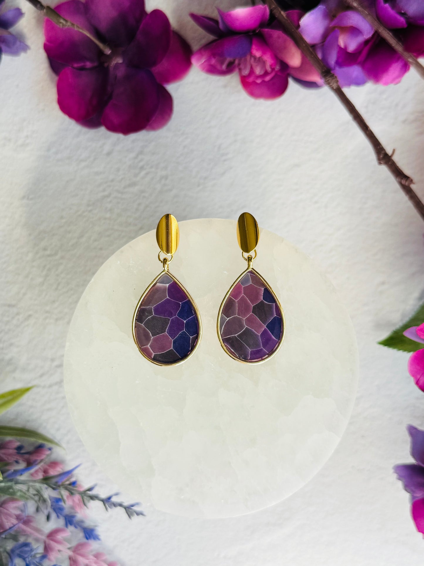 Purple "Stained Glass" - Teardrop Bezel Earrings