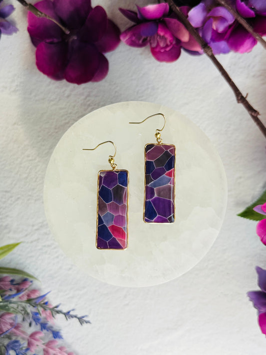 Purple "Stained Glass - Rectangle Bezel Earring