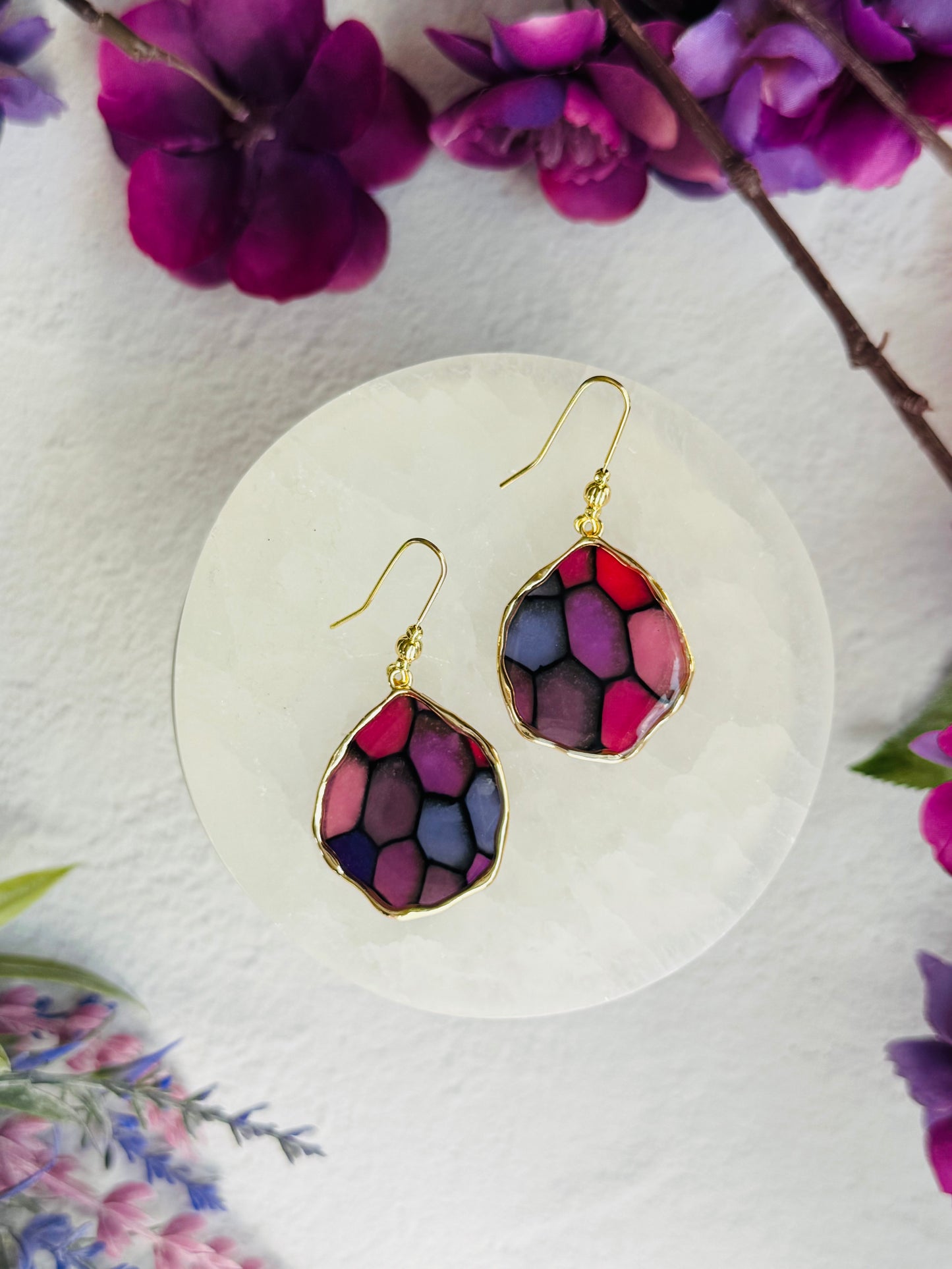 Purple "Stained Glass - Wavy Bezel Earring