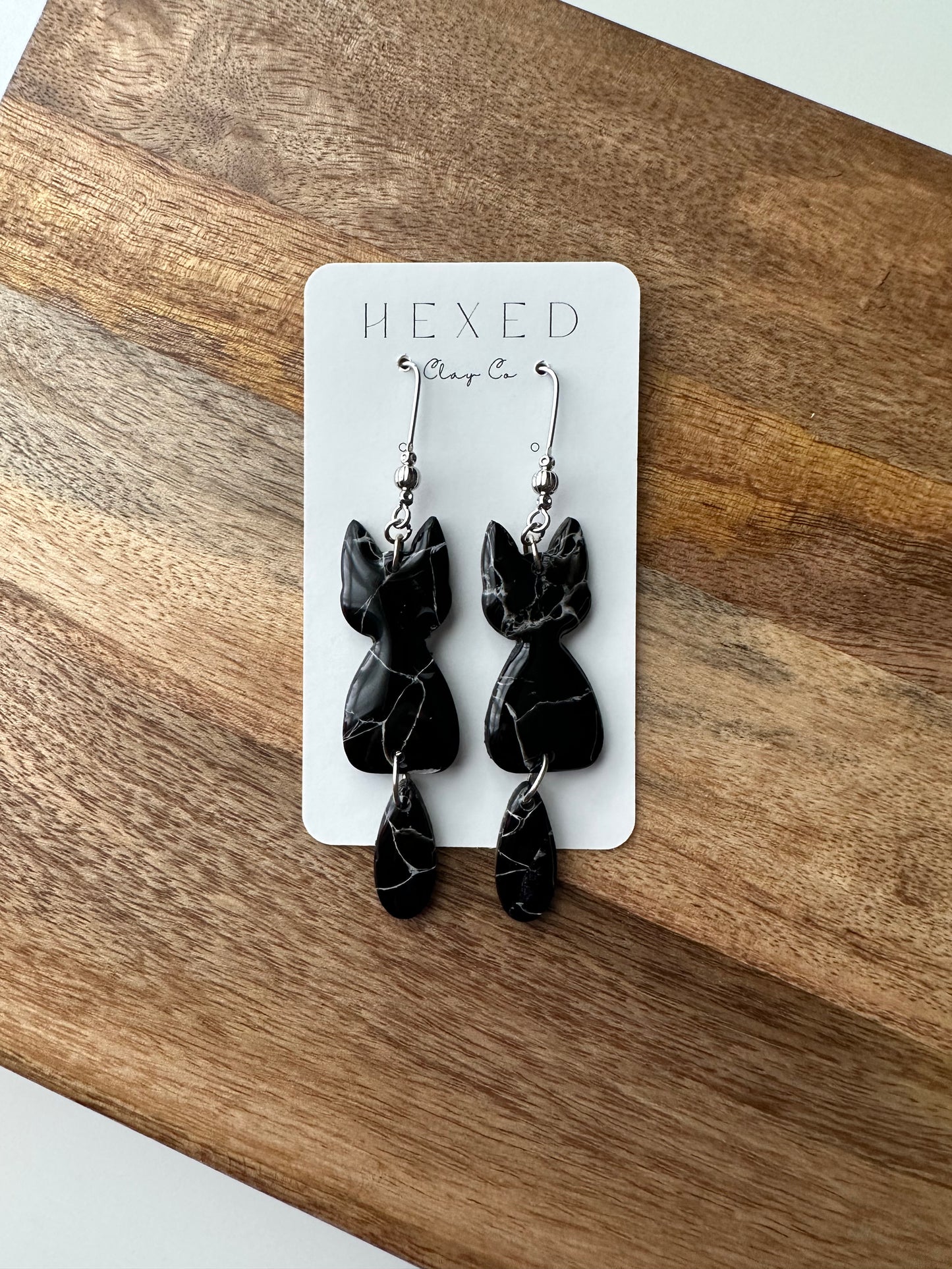 Black Marble Cat Dangle Earring