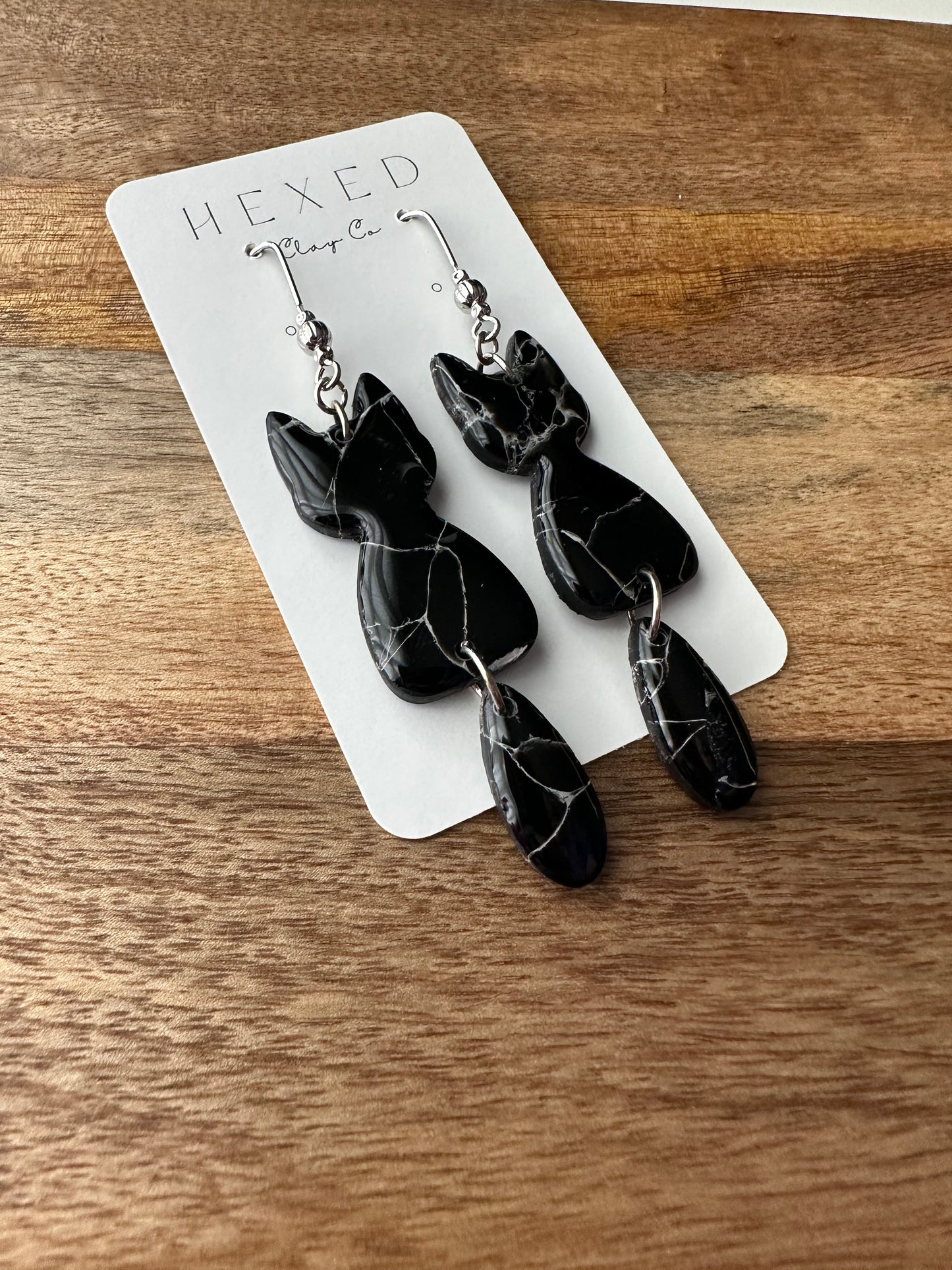 Black Marble Cat Dangle Earring