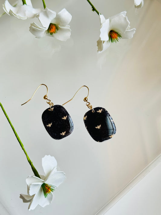 Bees - Black Bee Print Rounded Square Earring