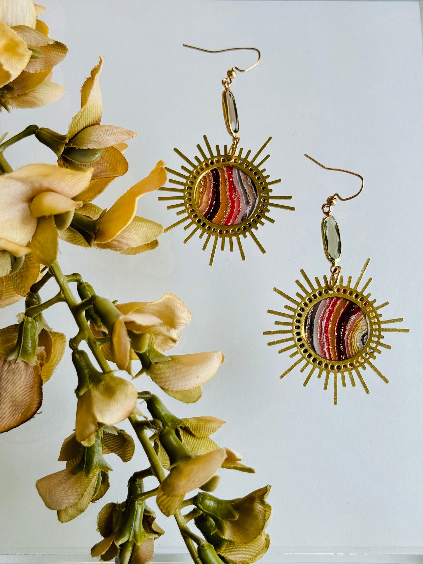 Fire Agate - Sunburst Bezel Earring