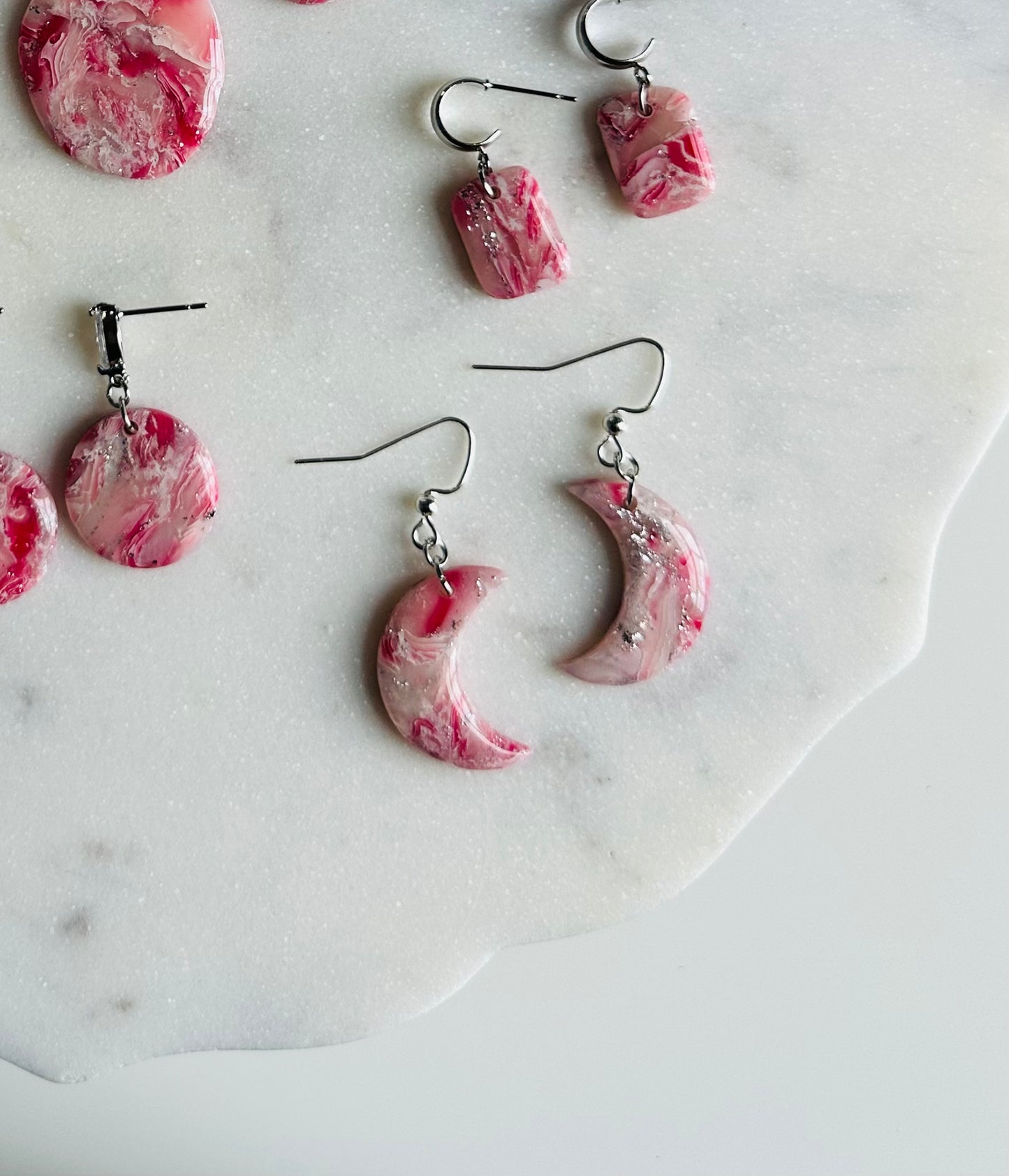 Valentines Pink Marble - Moon Earring