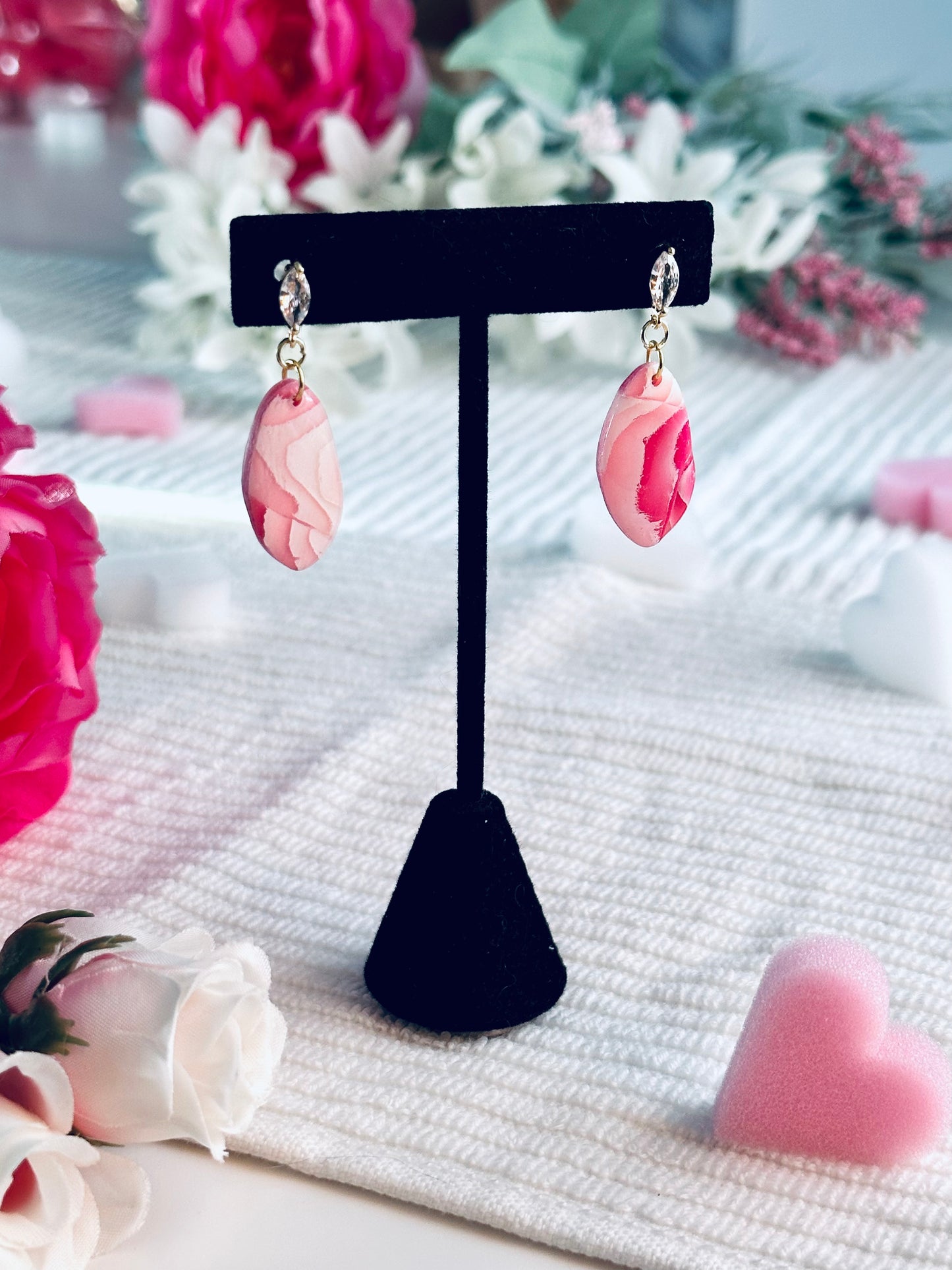 Pink Candy Stripe Pebble & Gem Earring