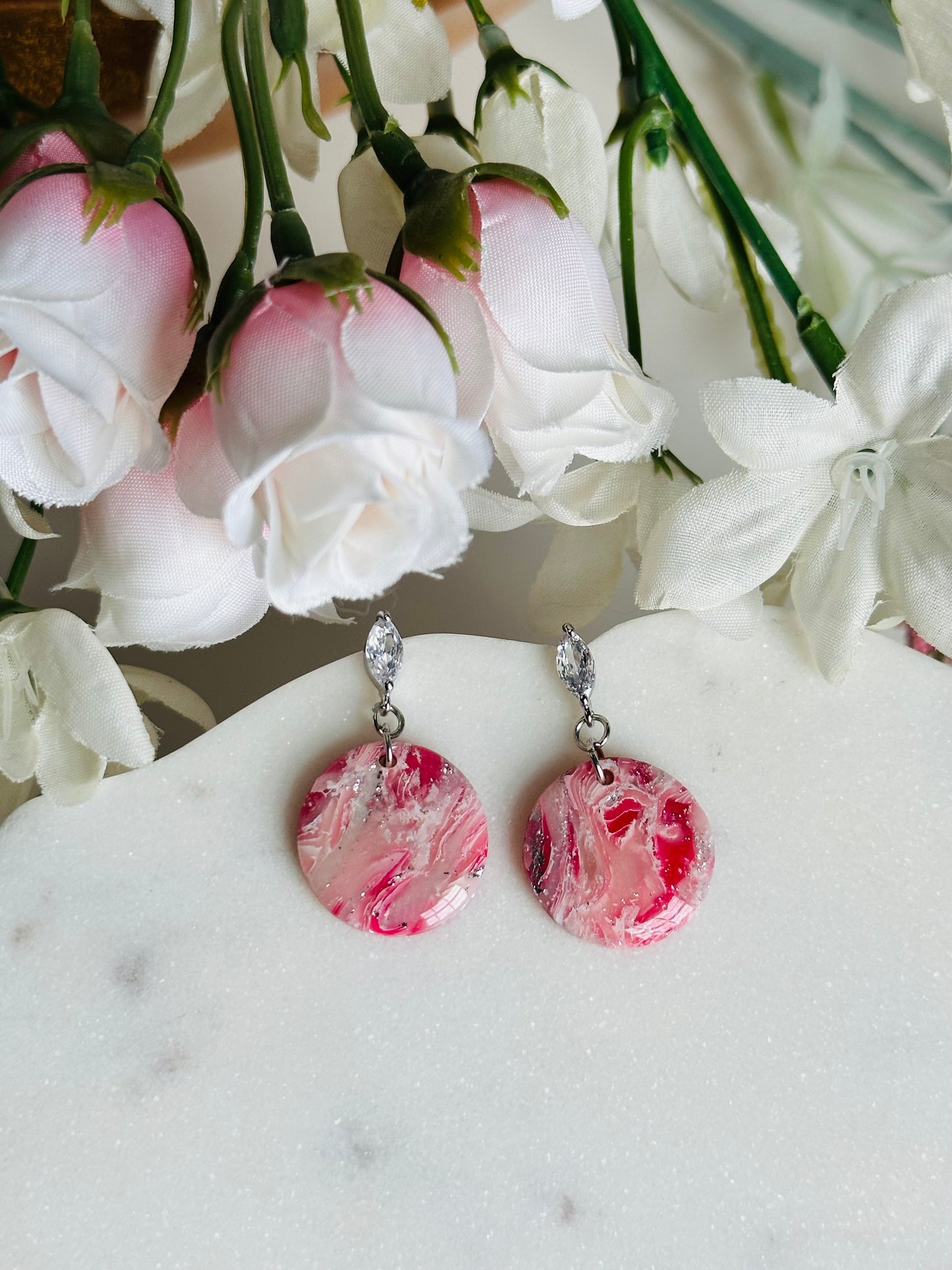 Valentines Pink Marble - Circle Earring