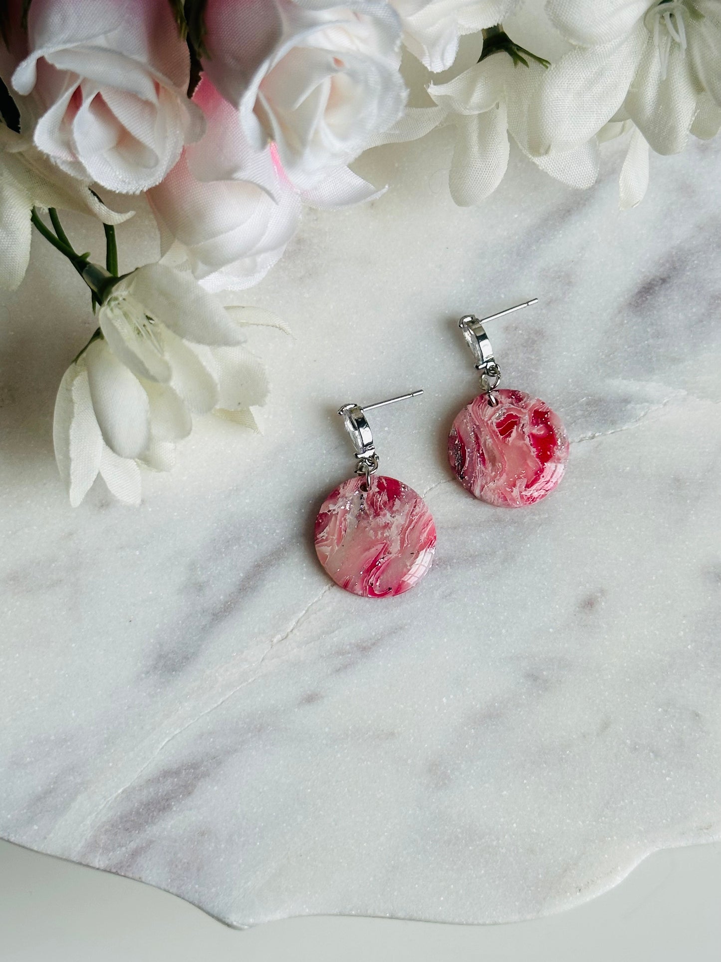 Valentines Pink Marble - Circle Earring