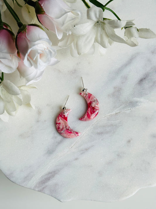 Valentines Pink Marble - Moon Earring