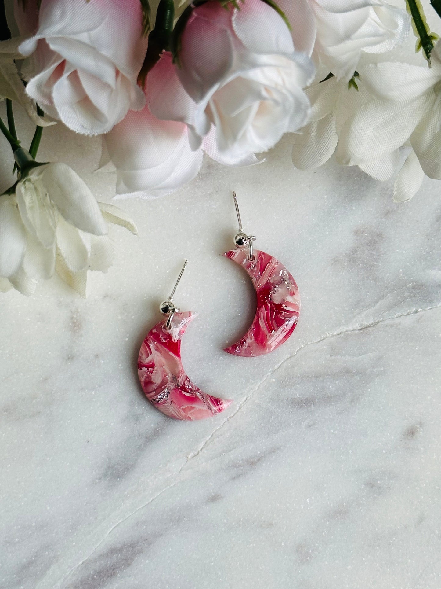 Valentines Pink Marble - Moon Earring