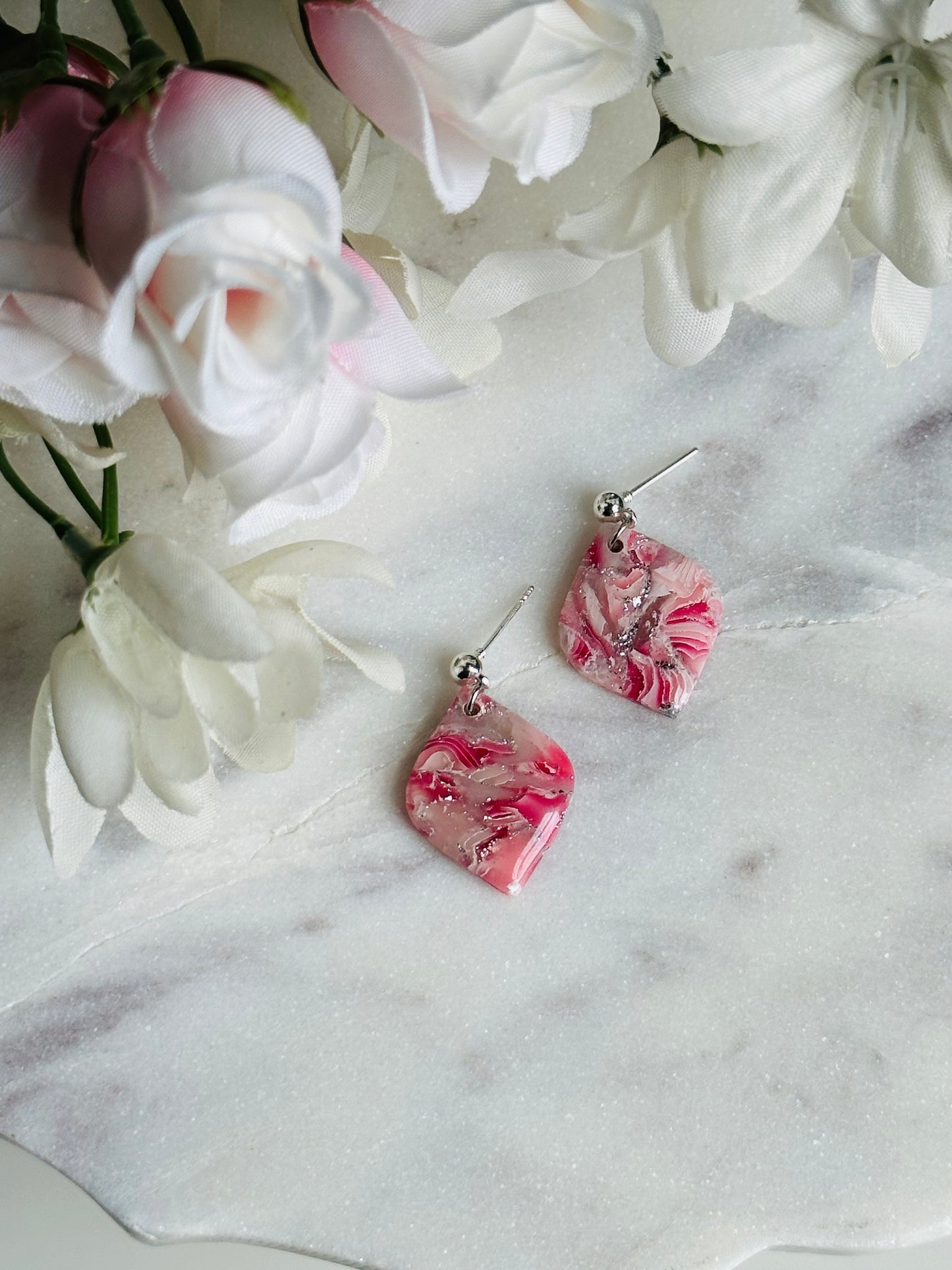 Valentines Pink Marble - Pointed Teardrop Earring