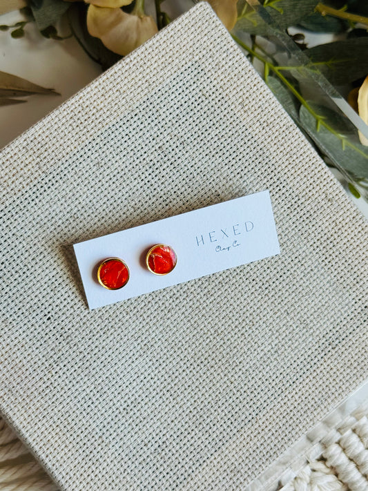 Poppy Red Marble - Gold Bezeled Stud