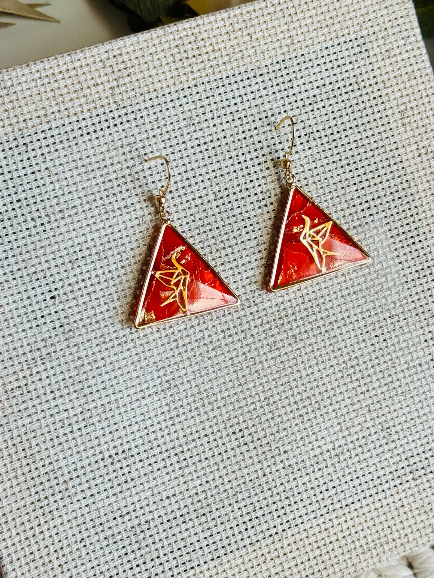 Poppy Red Marble - Triangle Crane Bezel Earring