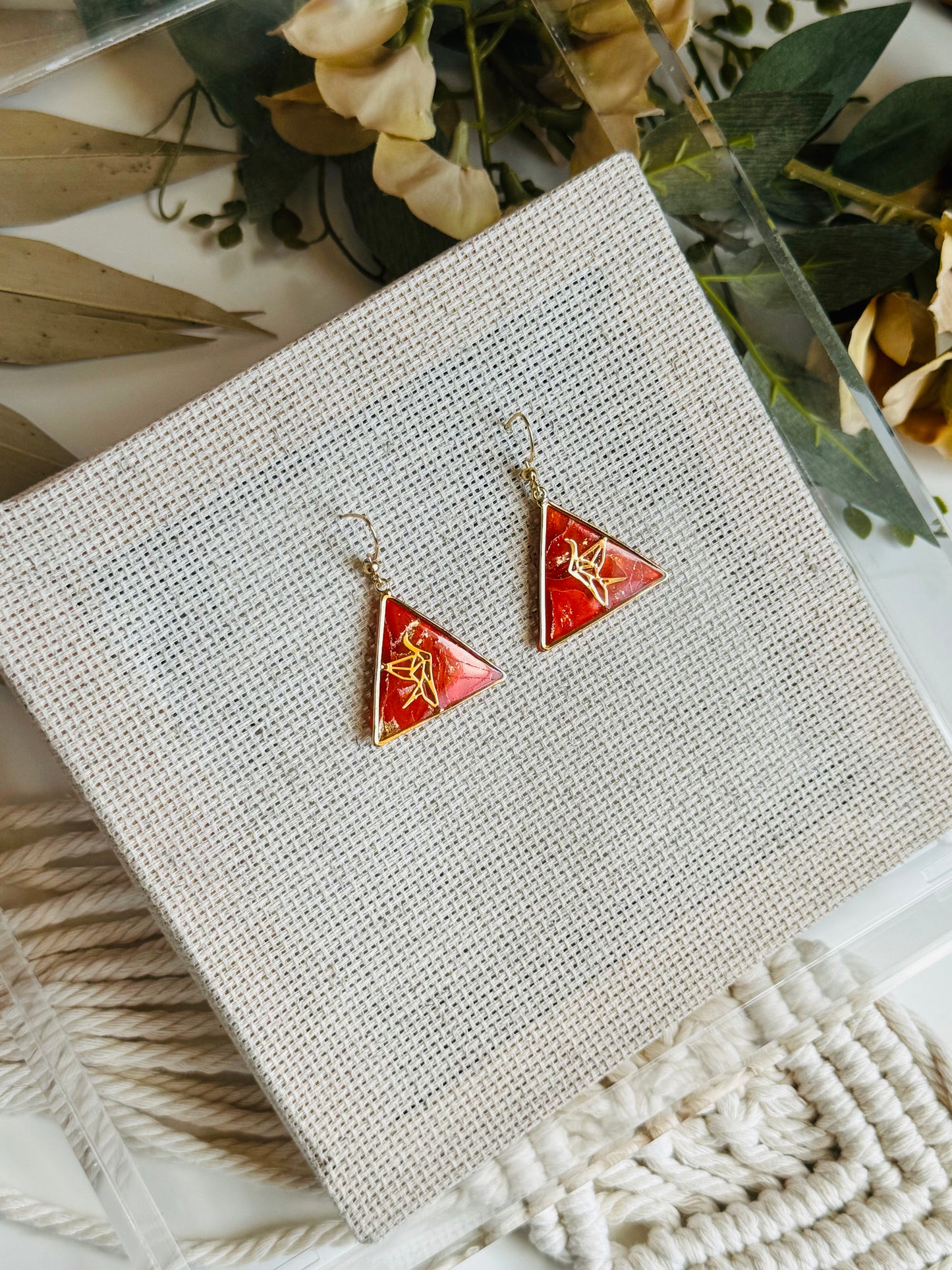 Poppy Red Marble - Triangle Crane Bezel Earring