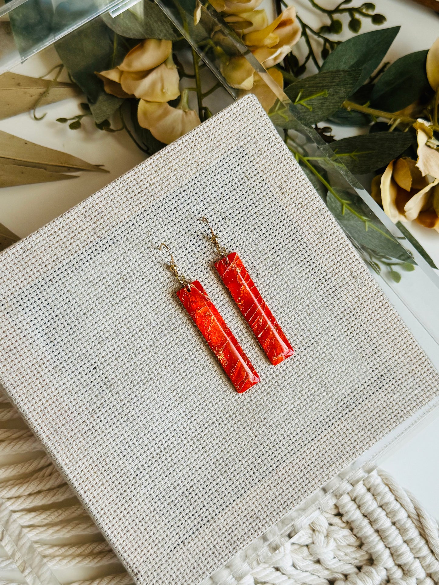 Poppy Red Marble - Long Rectangle Earring