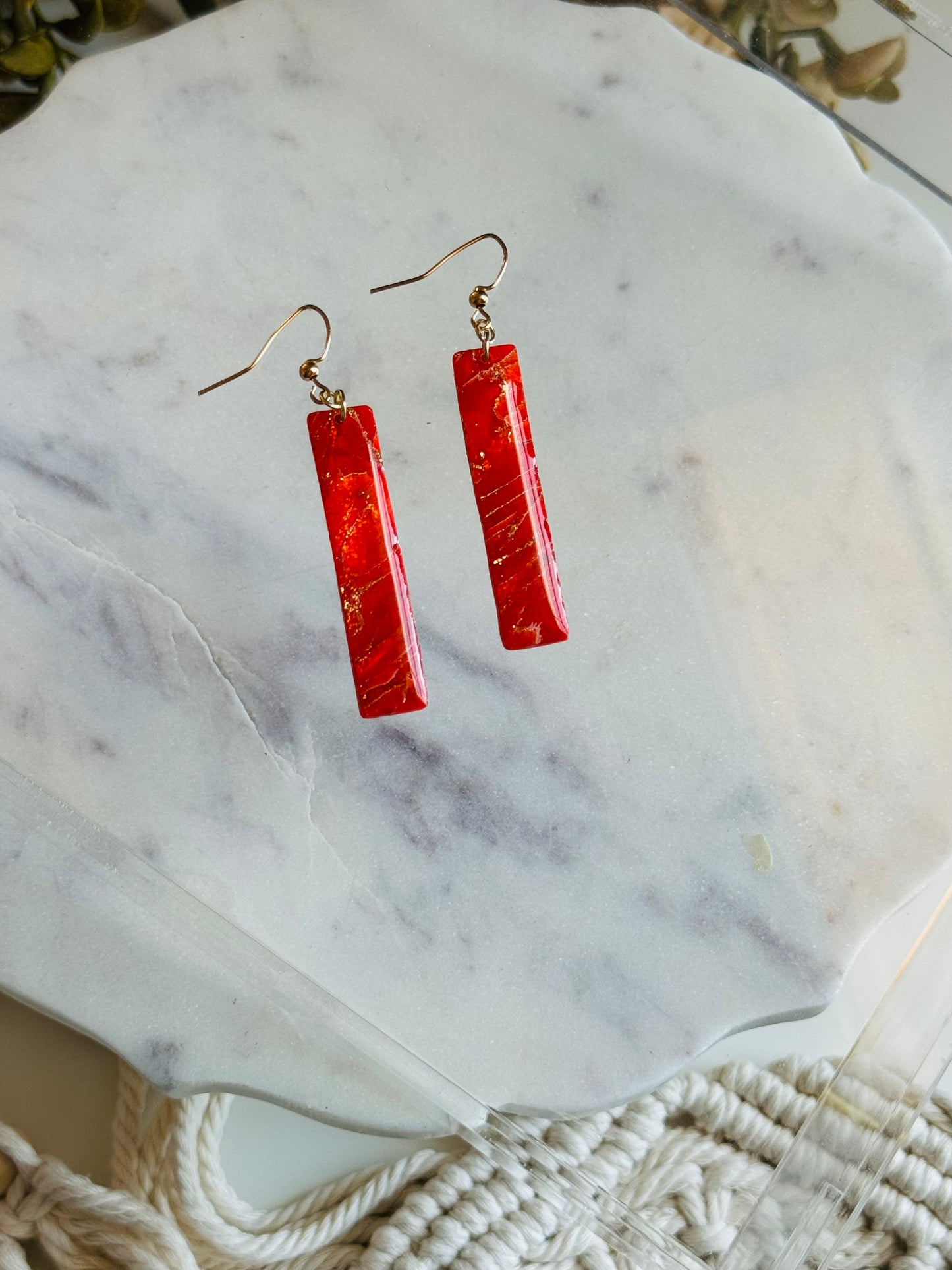 Poppy Red Marble - Long Rectangle Earring