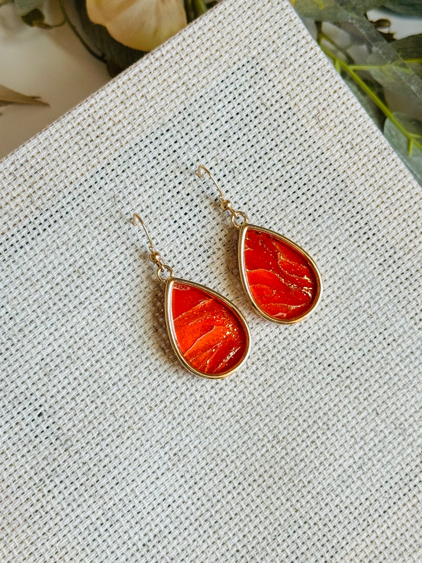 Poppy Red Marble - Tear Drop Earring