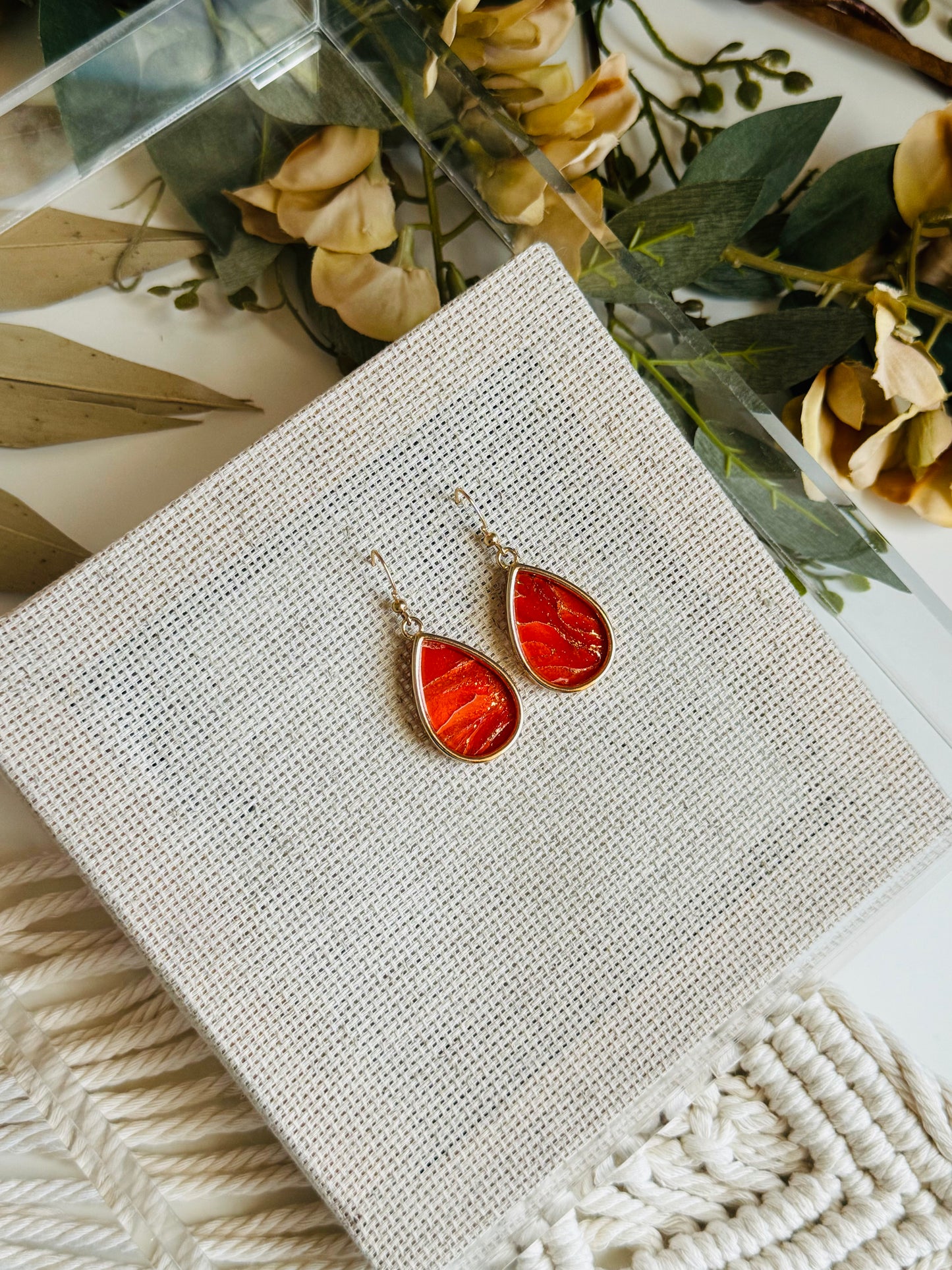 Poppy Red Marble - Tear Drop Earring