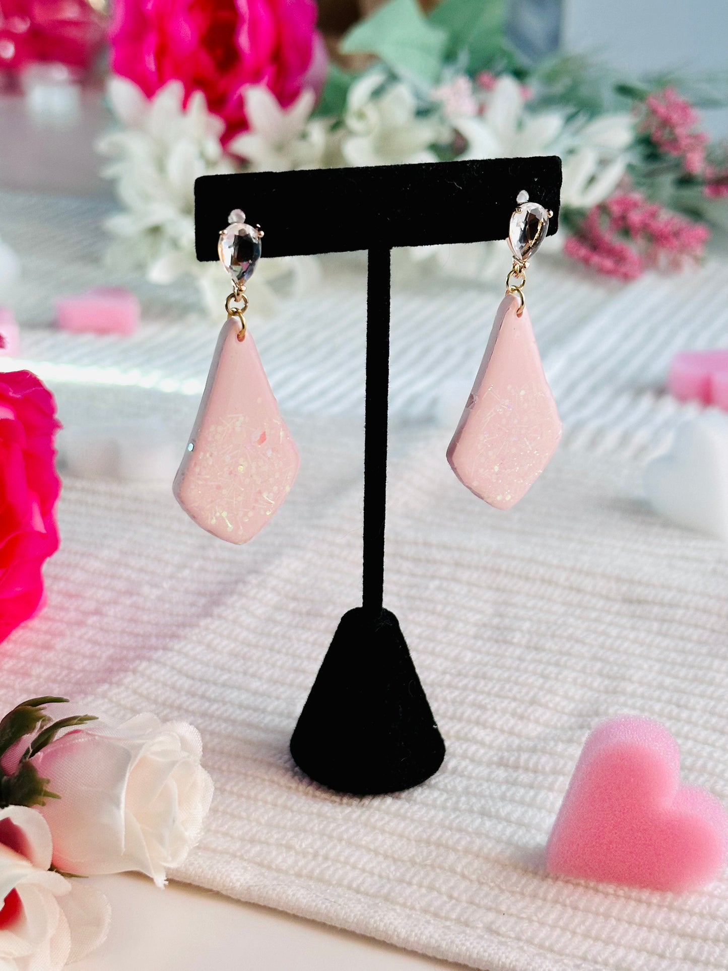 Sparkle Confetti Pink Pointed Teardrop Earring